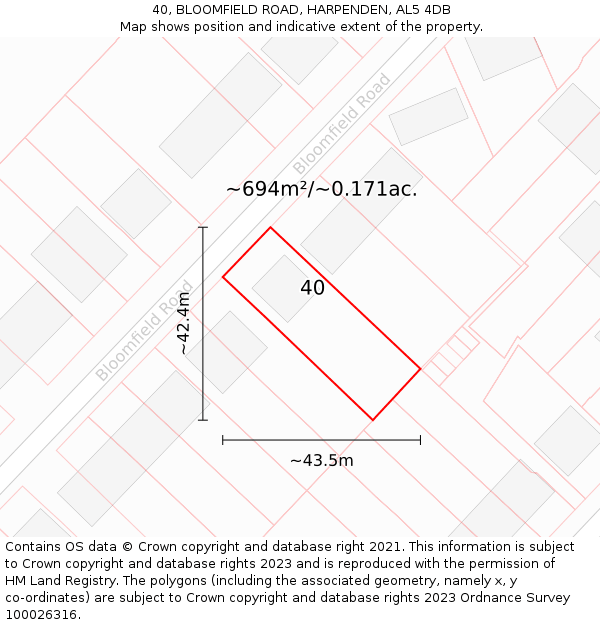 40, BLOOMFIELD ROAD, HARPENDEN, AL5 4DB: Plot and title map