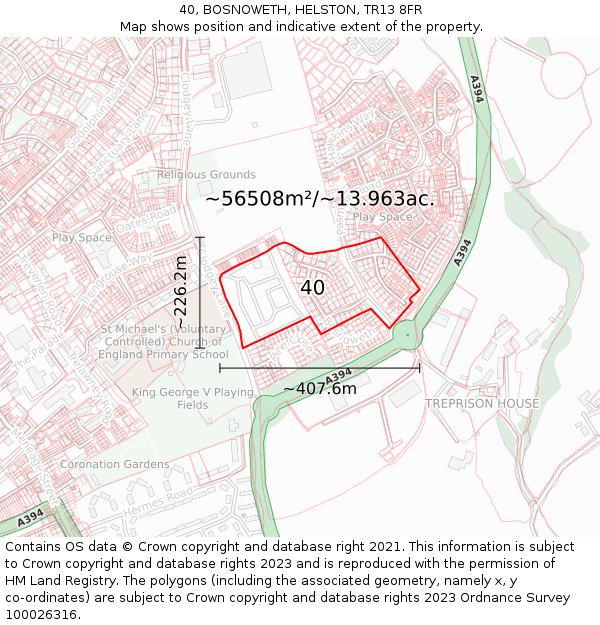 40, BOSNOWETH, HELSTON, TR13 8FR: Plot and title map