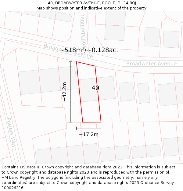40, BROADWATER AVENUE, POOLE, BH14 8QJ: Plot and title map