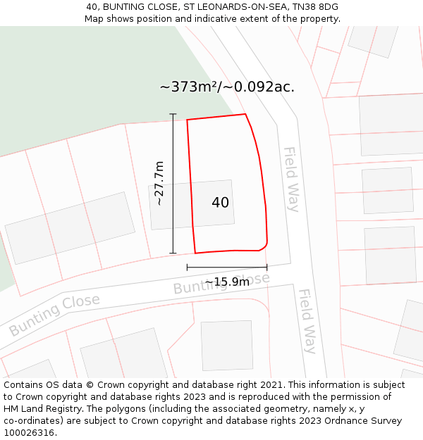 40, BUNTING CLOSE, ST LEONARDS-ON-SEA, TN38 8DG: Plot and title map