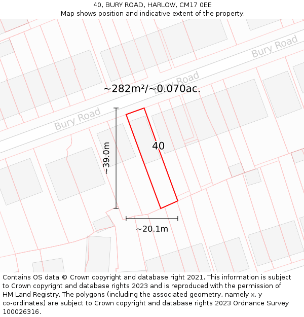 40, BURY ROAD, HARLOW, CM17 0EE: Plot and title map