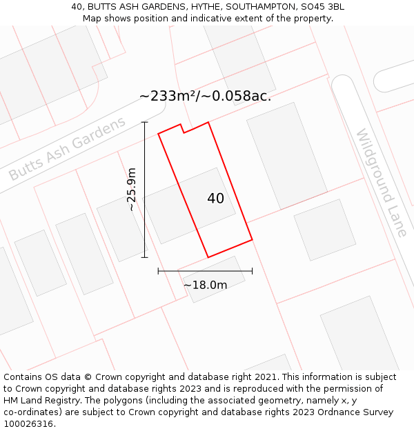 40, BUTTS ASH GARDENS, HYTHE, SOUTHAMPTON, SO45 3BL: Plot and title map