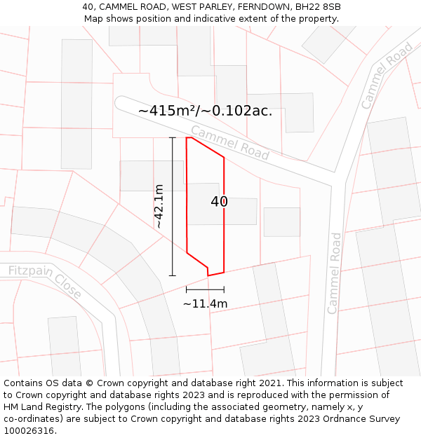 40, CAMMEL ROAD, WEST PARLEY, FERNDOWN, BH22 8SB: Plot and title map