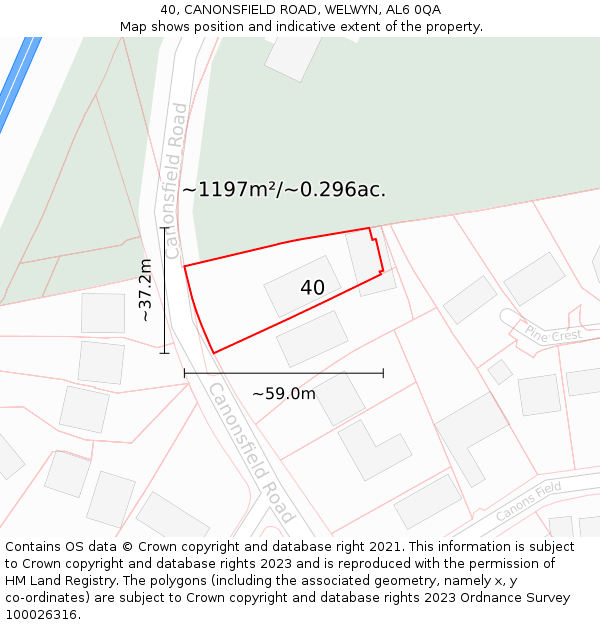 40, CANONSFIELD ROAD, WELWYN, AL6 0QA: Plot and title map