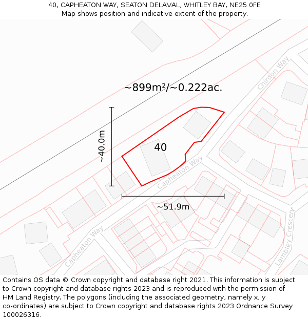 40, CAPHEATON WAY, SEATON DELAVAL, WHITLEY BAY, NE25 0FE: Plot and title map