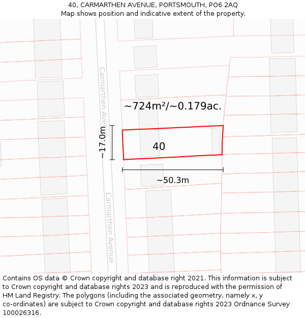 40, CARMARTHEN AVENUE, PORTSMOUTH, PO6 2AQ: Plot and title map