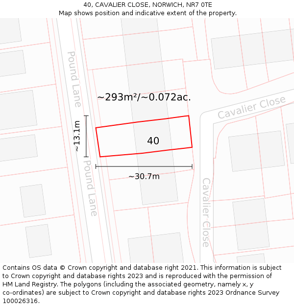 40, CAVALIER CLOSE, NORWICH, NR7 0TE: Plot and title map