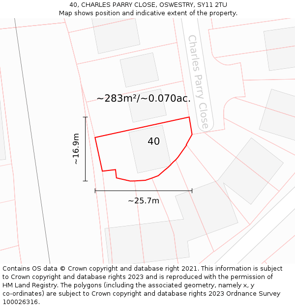 40, CHARLES PARRY CLOSE, OSWESTRY, SY11 2TU: Plot and title map