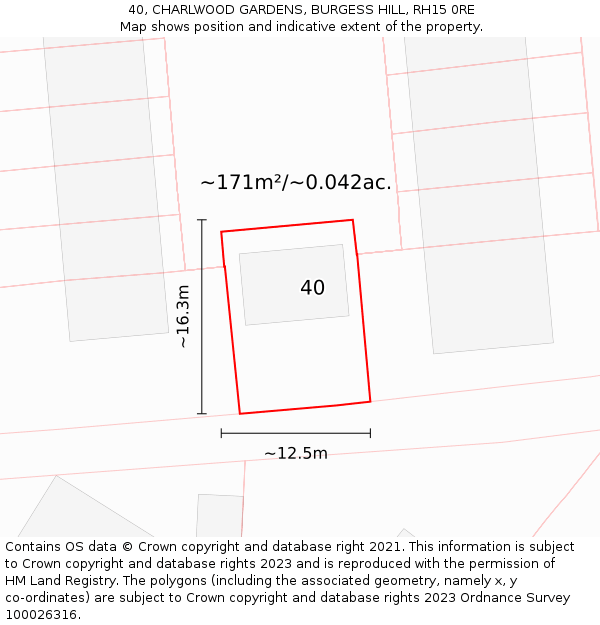 40, CHARLWOOD GARDENS, BURGESS HILL, RH15 0RE: Plot and title map