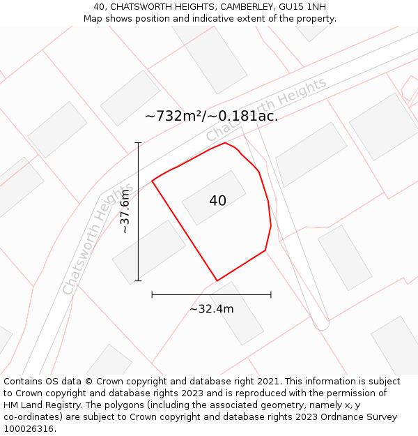 40, CHATSWORTH HEIGHTS, CAMBERLEY, GU15 1NH: Plot and title map