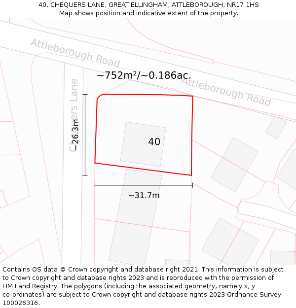 40, CHEQUERS LANE, GREAT ELLINGHAM, ATTLEBOROUGH, NR17 1HS: Plot and title map