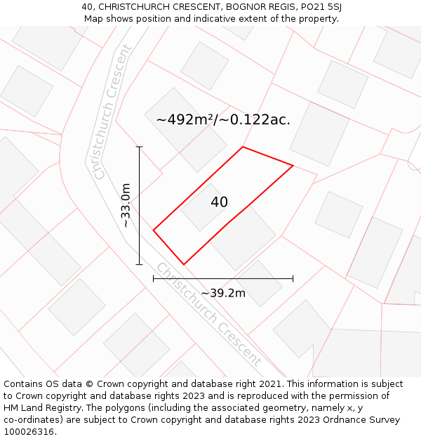 40, CHRISTCHURCH CRESCENT, BOGNOR REGIS, PO21 5SJ: Plot and title map