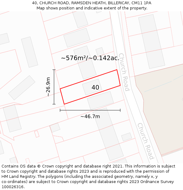 40, CHURCH ROAD, RAMSDEN HEATH, BILLERICAY, CM11 1PA: Plot and title map