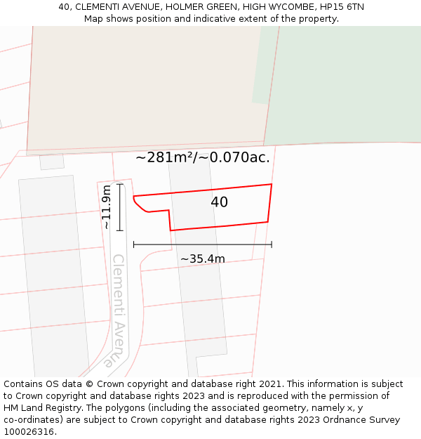 40, CLEMENTI AVENUE, HOLMER GREEN, HIGH WYCOMBE, HP15 6TN: Plot and title map