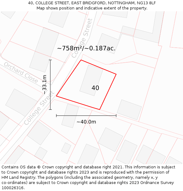 40, COLLEGE STREET, EAST BRIDGFORD, NOTTINGHAM, NG13 8LF: Plot and title map