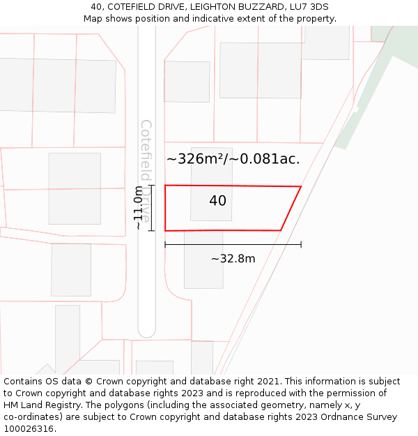 40, COTEFIELD DRIVE, LEIGHTON BUZZARD, LU7 3DS: Plot and title map