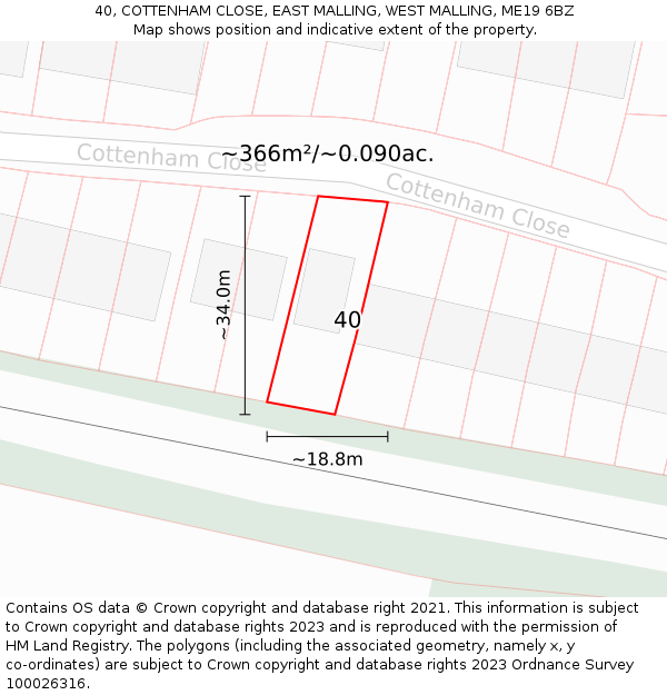 40, COTTENHAM CLOSE, EAST MALLING, WEST MALLING, ME19 6BZ: Plot and title map