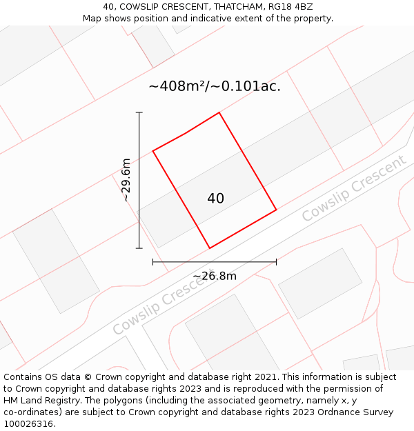 40, COWSLIP CRESCENT, THATCHAM, RG18 4BZ: Plot and title map