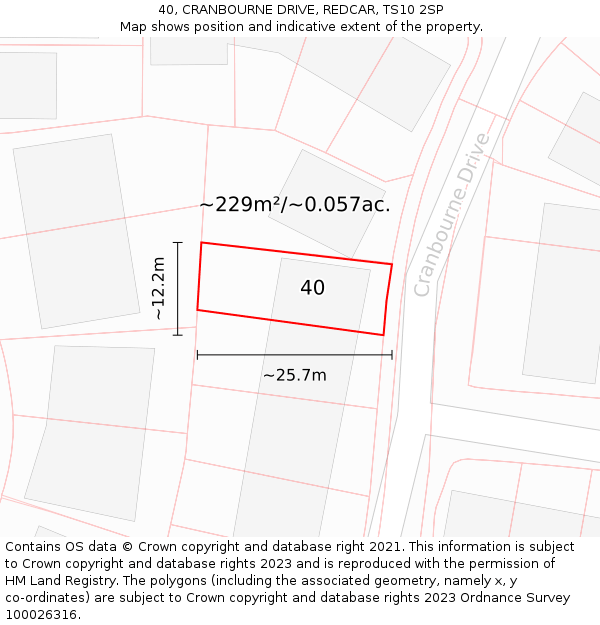 40, CRANBOURNE DRIVE, REDCAR, TS10 2SP: Plot and title map