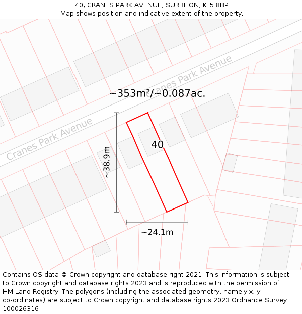 40, CRANES PARK AVENUE, SURBITON, KT5 8BP: Plot and title map