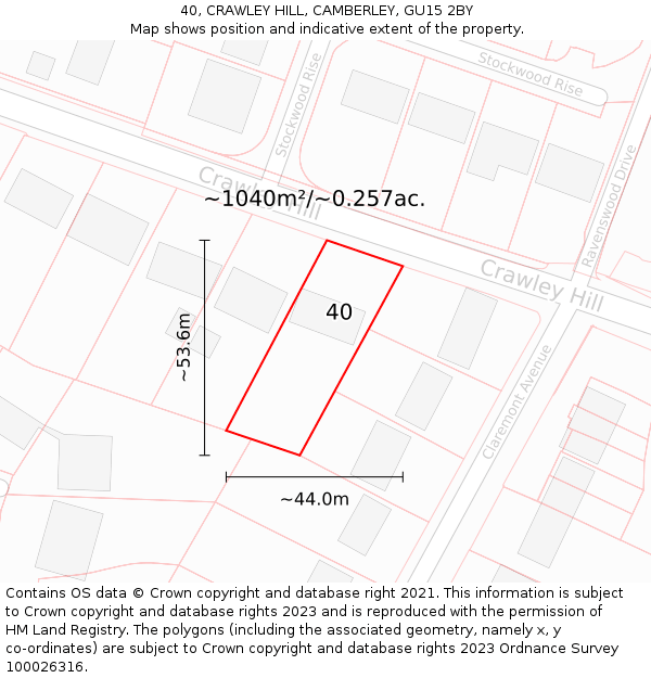 40, CRAWLEY HILL, CAMBERLEY, GU15 2BY: Plot and title map