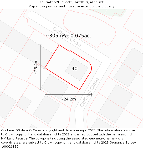 40, DAFFODIL CLOSE, HATFIELD, AL10 9FF: Plot and title map