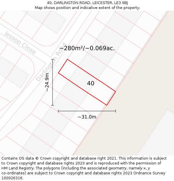 40, DARLINGTON ROAD, LEICESTER, LE3 9BJ: Plot and title map