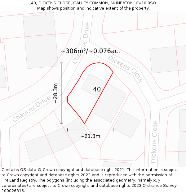 40, DICKENS CLOSE, GALLEY COMMON, NUNEATON, CV10 9SQ: Plot and title map