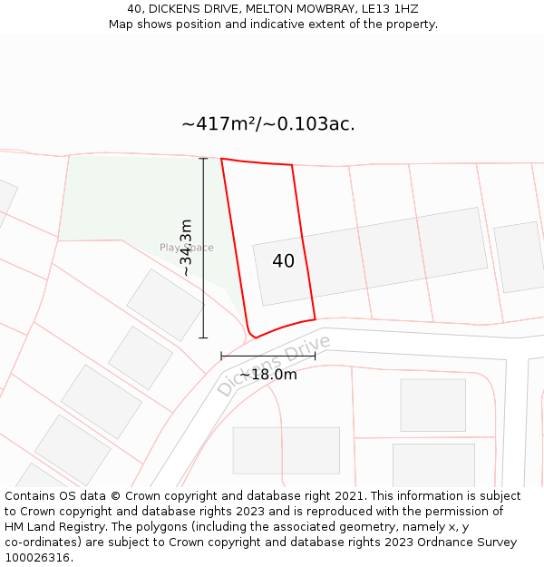 40, DICKENS DRIVE, MELTON MOWBRAY, LE13 1HZ: Plot and title map