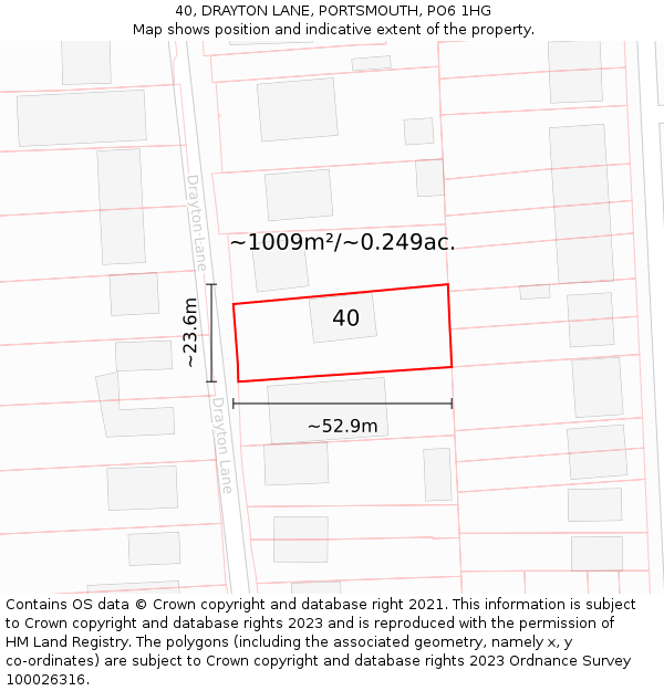 40, DRAYTON LANE, PORTSMOUTH, PO6 1HG: Plot and title map