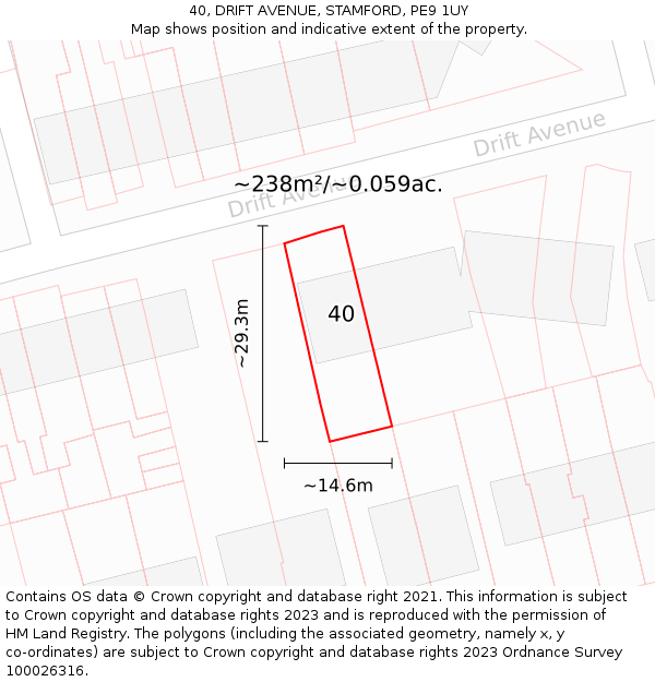 40, DRIFT AVENUE, STAMFORD, PE9 1UY: Plot and title map