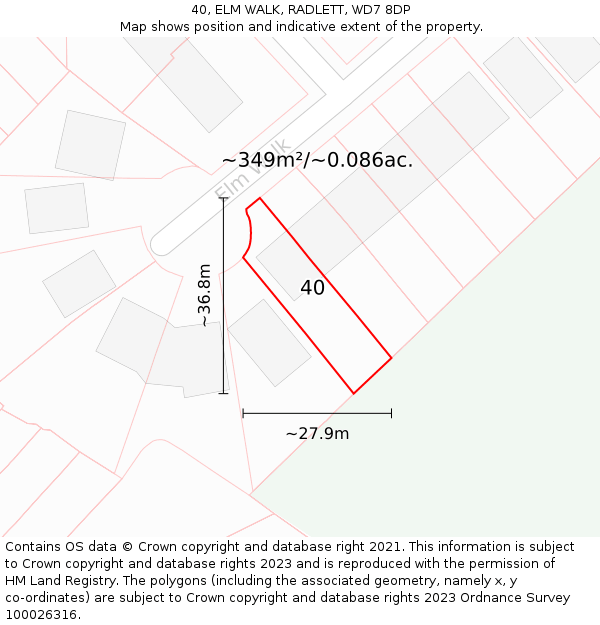 40, ELM WALK, RADLETT, WD7 8DP: Plot and title map