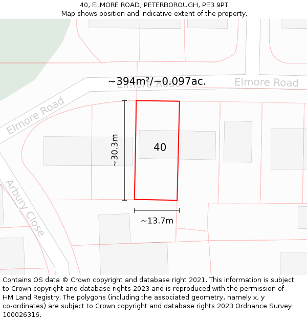 40, ELMORE ROAD, PETERBOROUGH, PE3 9PT: Plot and title map