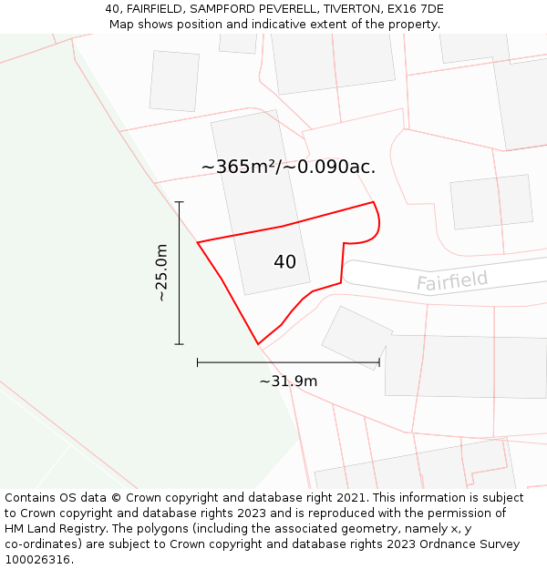 40, FAIRFIELD, SAMPFORD PEVERELL, TIVERTON, EX16 7DE: Plot and title map