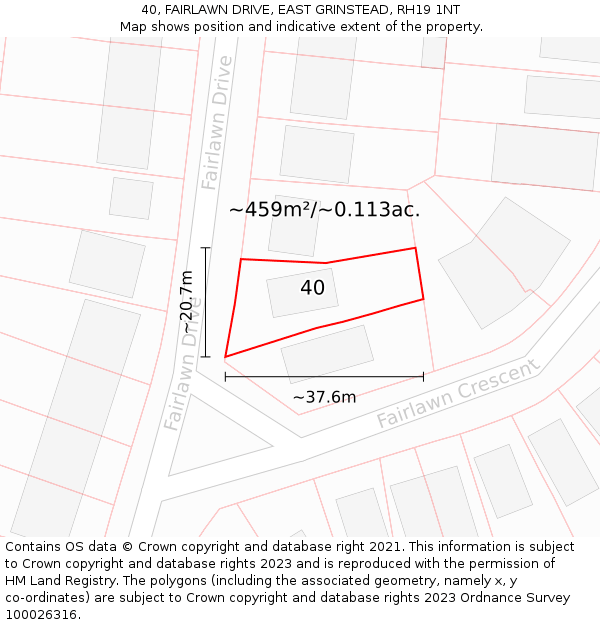 40, FAIRLAWN DRIVE, EAST GRINSTEAD, RH19 1NT: Plot and title map