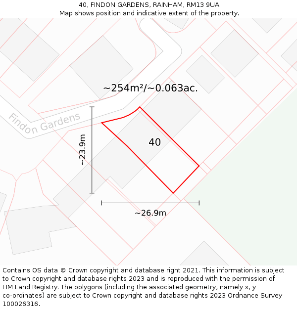 40, FINDON GARDENS, RAINHAM, RM13 9UA: Plot and title map