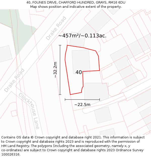 40, FOUNES DRIVE, CHAFFORD HUNDRED, GRAYS, RM16 6DU: Plot and title map