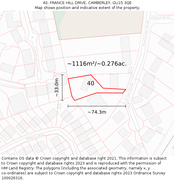 40, FRANCE HILL DRIVE, CAMBERLEY, GU15 3QE: Plot and title map