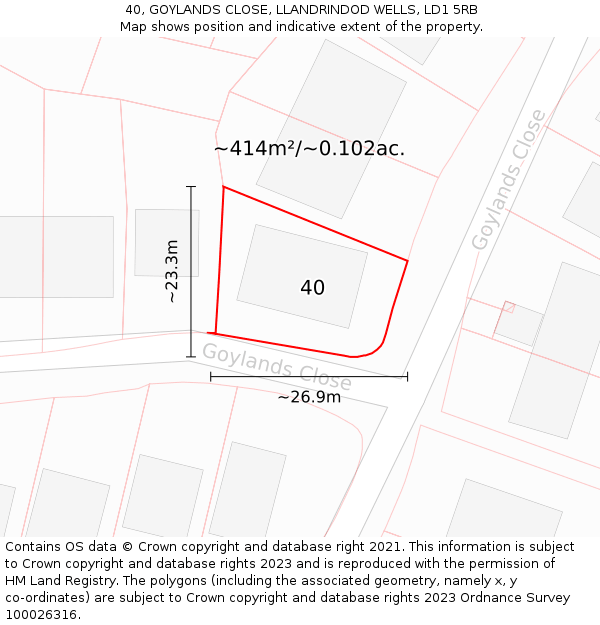 40, GOYLANDS CLOSE, LLANDRINDOD WELLS, LD1 5RB: Plot and title map