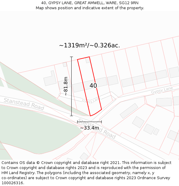 40, GYPSY LANE, GREAT AMWELL, WARE, SG12 9RN: Plot and title map