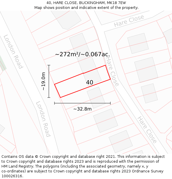 40, HARE CLOSE, BUCKINGHAM, MK18 7EW: Plot and title map