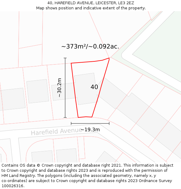 40, HAREFIELD AVENUE, LEICESTER, LE3 2EZ: Plot and title map