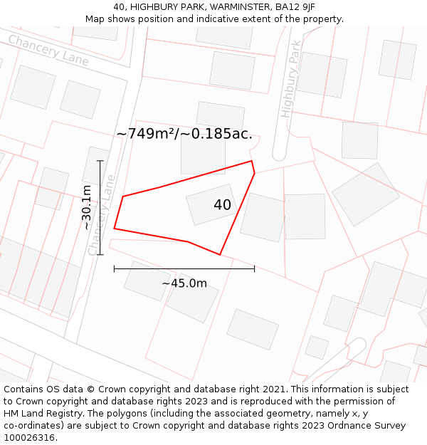 40, HIGHBURY PARK, WARMINSTER, BA12 9JF: Plot and title map