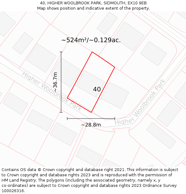 40, HIGHER WOOLBROOK PARK, SIDMOUTH, EX10 9EB: Plot and title map