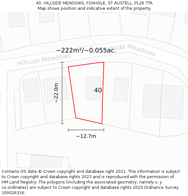 40, HILLSIDE MEADOWS, FOXHOLE, ST AUSTELL, PL26 7TA: Plot and title map