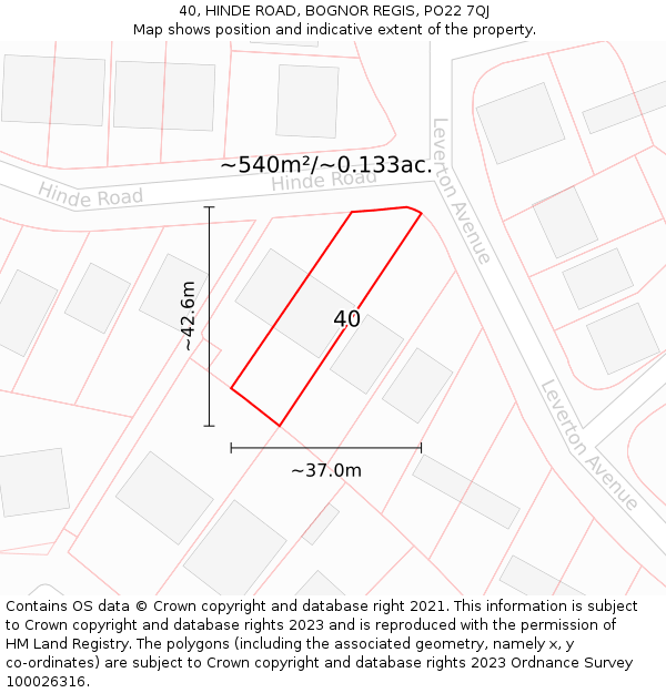 40, HINDE ROAD, BOGNOR REGIS, PO22 7QJ: Plot and title map