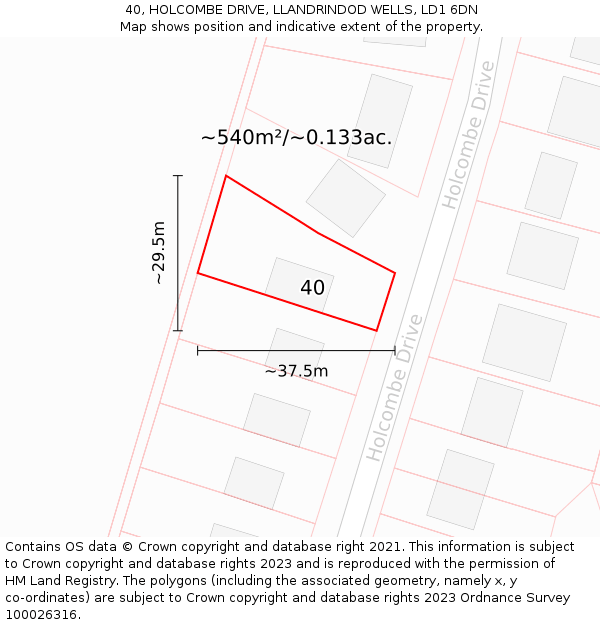 40, HOLCOMBE DRIVE, LLANDRINDOD WELLS, LD1 6DN: Plot and title map