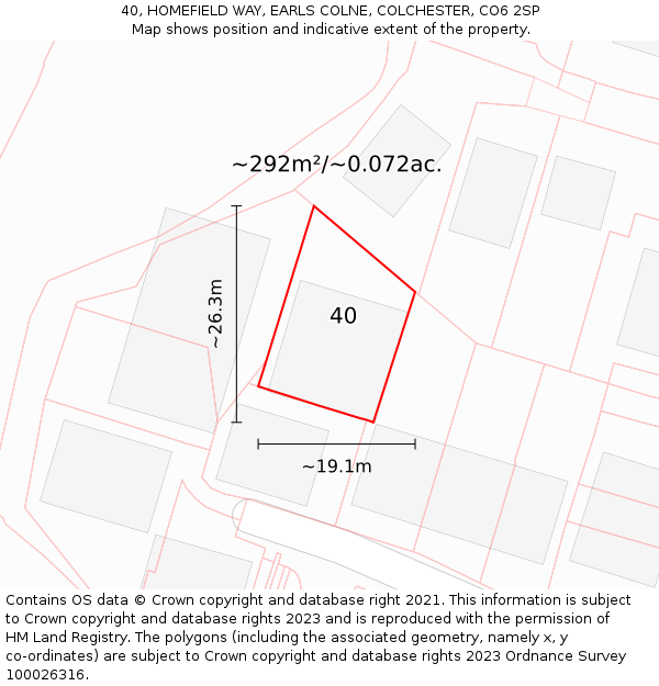 40, HOMEFIELD WAY, EARLS COLNE, COLCHESTER, CO6 2SP: Plot and title map