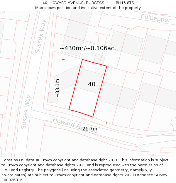 40, HOWARD AVENUE, BURGESS HILL, RH15 8TS: Plot and title map