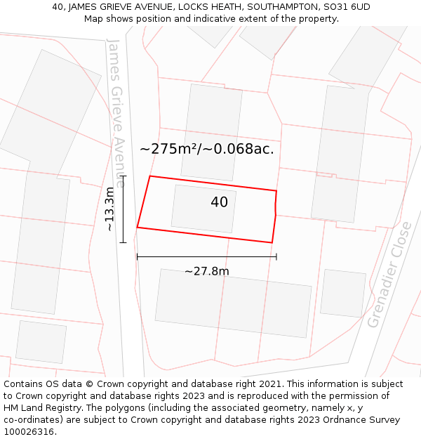 40, JAMES GRIEVE AVENUE, LOCKS HEATH, SOUTHAMPTON, SO31 6UD: Plot and title map